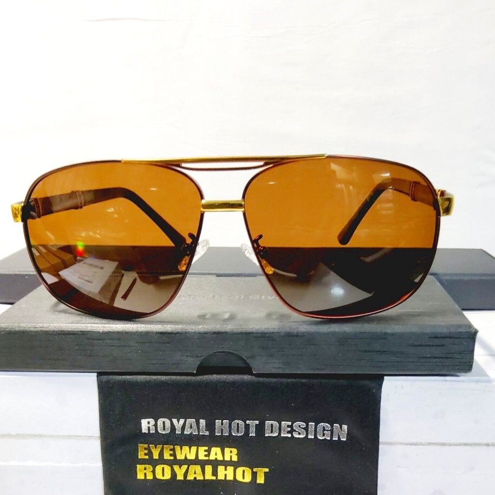 Women Polarized Aviator 61mm Sunglasses Brown 2 Beam Bridge Metal Frame 100%UV